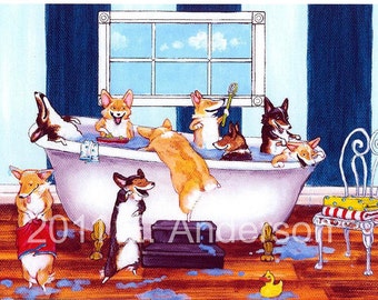 Evie Anderson Pembroke Welsh Corgi Art SIGNED PRINT &quot;Scrubba Dubba Doglets&quot;  (signed, matted)