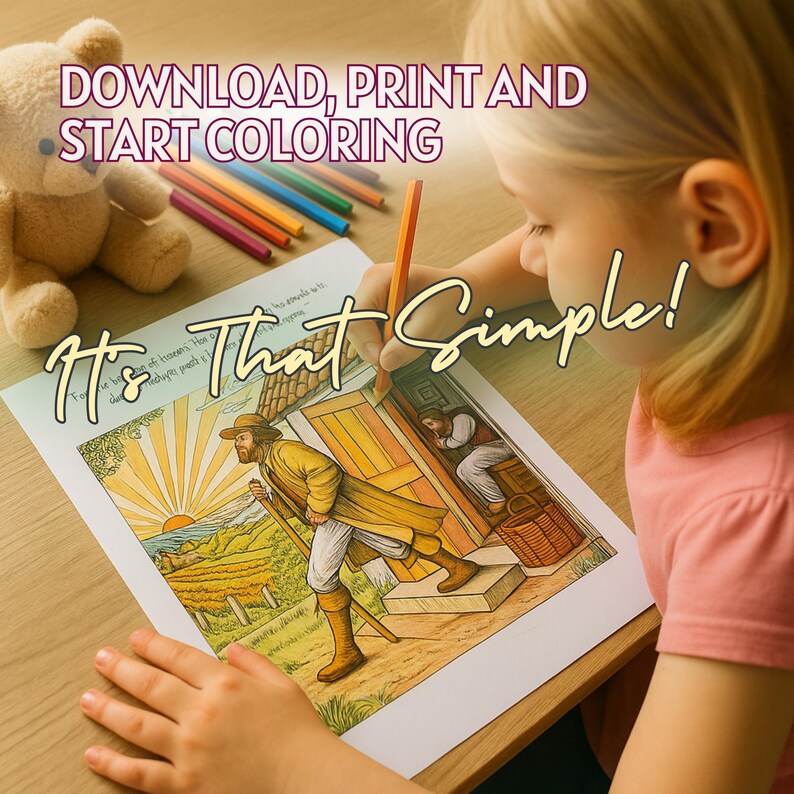 May include: A child is colouring a printed illustration with coloured pencils. The illustration shows a man in a yellow coat and hat. Text on the image reads "Download, Print and Start Coloring" and "It's That Simple!"