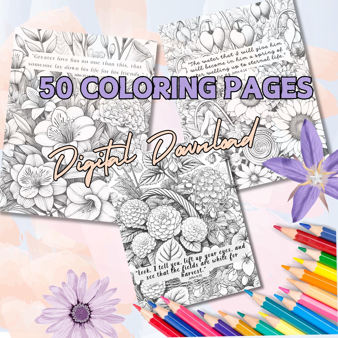 50 Adult Coloring Book With Bible Verses From John, Printable Flowers ...