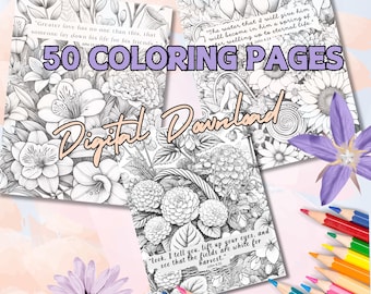 Libro para colorear con versículos bíblicos: 50 páginas de arte floral (descarga digital)