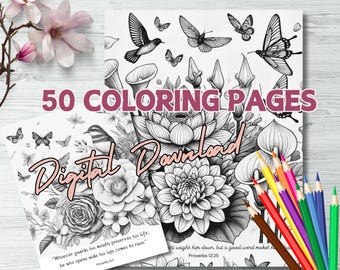 Libro para colorear de versículos bíblicos: 50 diseños florales imprimibles (descarga digital)