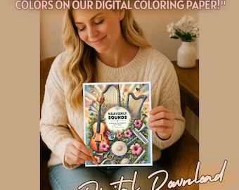 Libro para colorear de instrumentos musicales florales: Arte inspirado en la Biblia (Descarga digital con pegatinas)