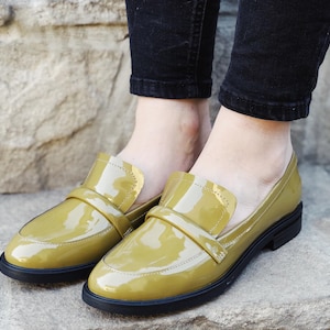 Olive Green Patent Leather Loafers – Handmade Vintage-Inspired Slip-On Shoes, Classic & Chic Footwear Design