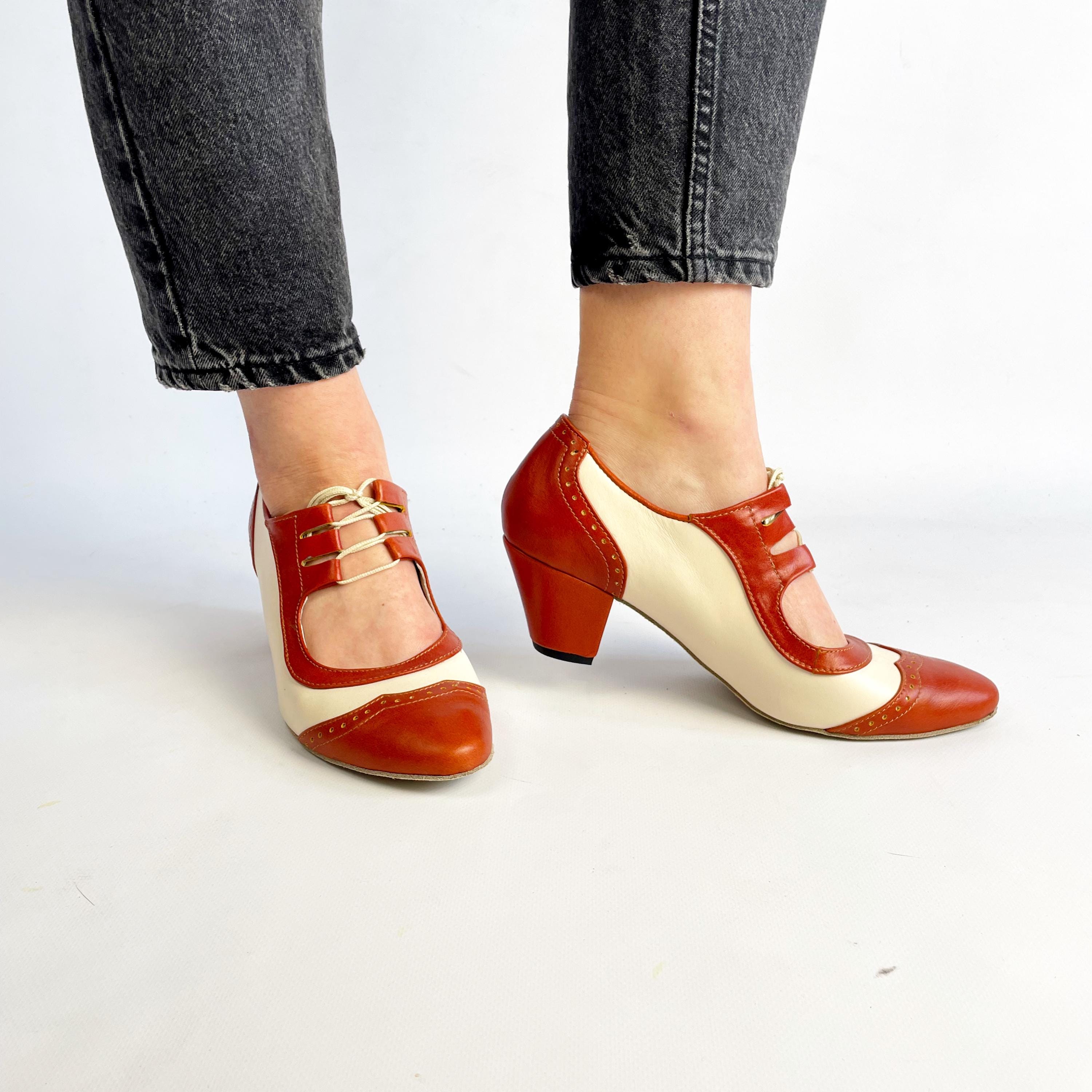 Vintage Red and Bige Oxford Heels – Handmade Two-Tone Leather Mary Jane Shoes, Retro 1930s & 1940s Style