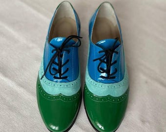 Women’s Colorful Oxford Shoes – Handmade Patent Leather Brogues in Green, Blue & Turquoise, Unique Statement Flats, Custom Lace Up Shoes