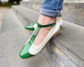 Vintage T-Strap Ballet Flats – Green & White Three-Tone Leather, Retro Mary Jane Shoes Handcrafted