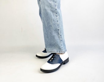 Navy and White Oxford Shoes – Handmade Two Tone Leather Lace Up Shoes, Classic Retro Style Flats, Custom Fit Unisex Shoes
