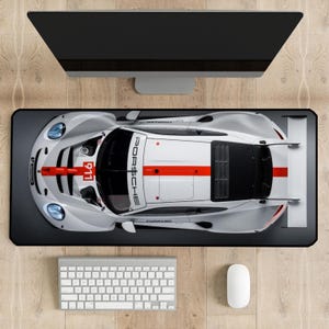 Desk Mat, White Porsche Mouse Pad, Black Background, Gaming Desk Pad, Non-Slip Base, Large Work Mat, Multiple Sizes