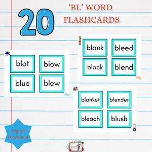 May include: A set of 20 printable flashcards featuring words that start with the letter combination "bl". The flashcards are blue and white with black text. The words include "blank", "bleed", "blot", "blow", "block", "blend", "blue", "blew", "blanket", "blender", "bleach", and "blush".