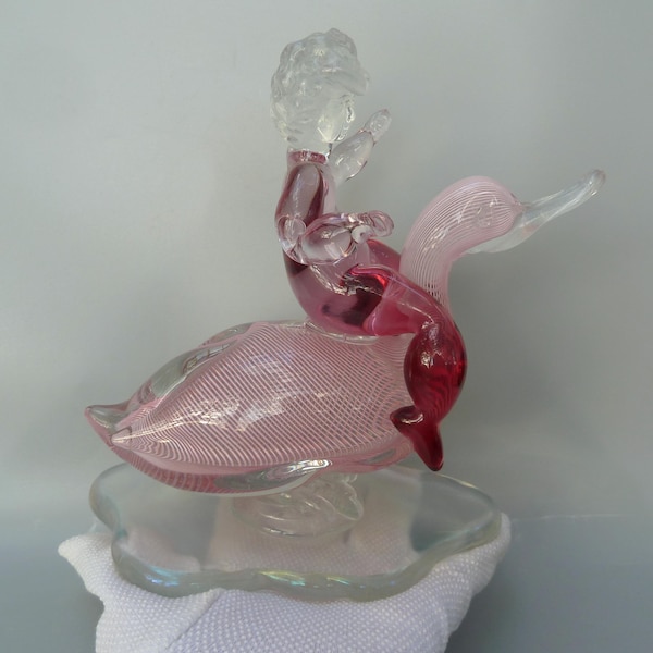 Vintage AVEM Murano Glass Child Riding A Duck Figurine, Mezza Filigrana, Iridescent Base, Italian Venetian Putto  Sculpture,Archimede Seguso