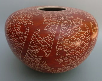 Leonel Lopez Saenz Quezada Olla Pot, Mata Ortiz Seed Pot, Mata Ortiz Pottery, Mata Ortiz Lizard Pot, Mexican Pueblo Sgraffito Pottery Olla