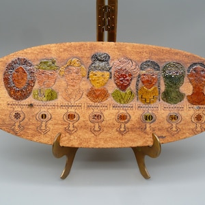 May include: An oval wooden plaque featuring eight raised ceramic portrait busts in various colors. Below each bust is a numerical score from 0 to 50, with floral symbols at the ends. The plaque is mounted on a brass-colored metal display stand.