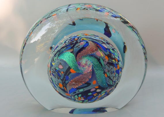 Vintage Rollin Karg Art Glass Sculpture Signed 1999, American Studio Glass Round Dichroic Eye Sculpture