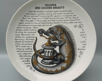 Piero Fornasetti Ceramic Plate, Fornasetti For Fleming JoffeLTD Animal Cook Plates, Iguana And Chicken Breasts, Midcentury Fornasetti Milano