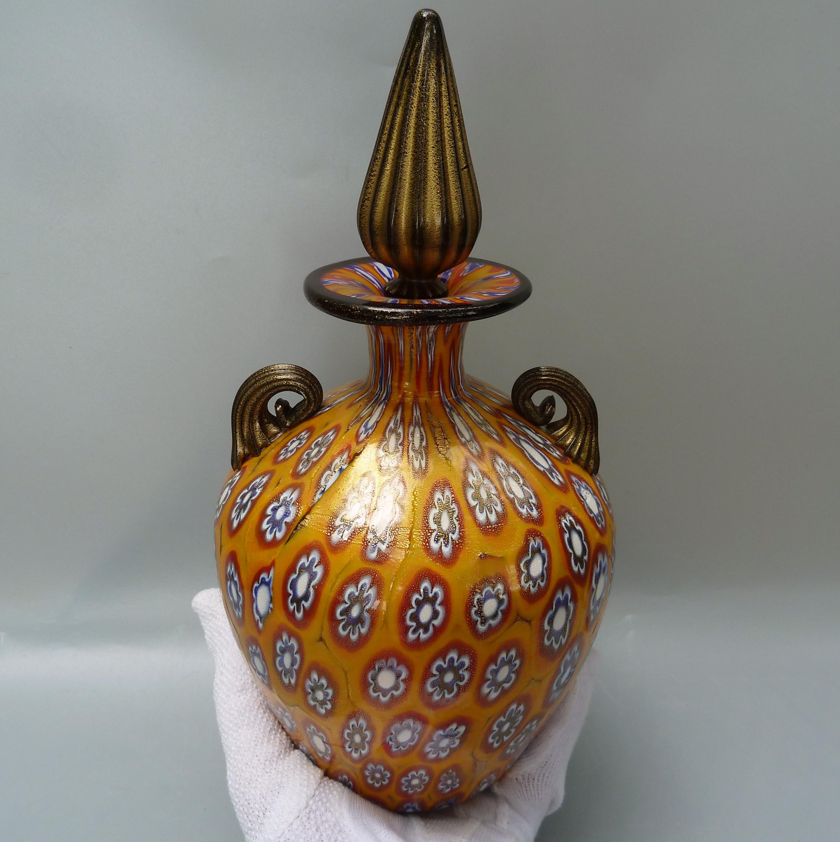 Gambaro & Poggi Murano Millefiori Decanter Bottle Signed,black and