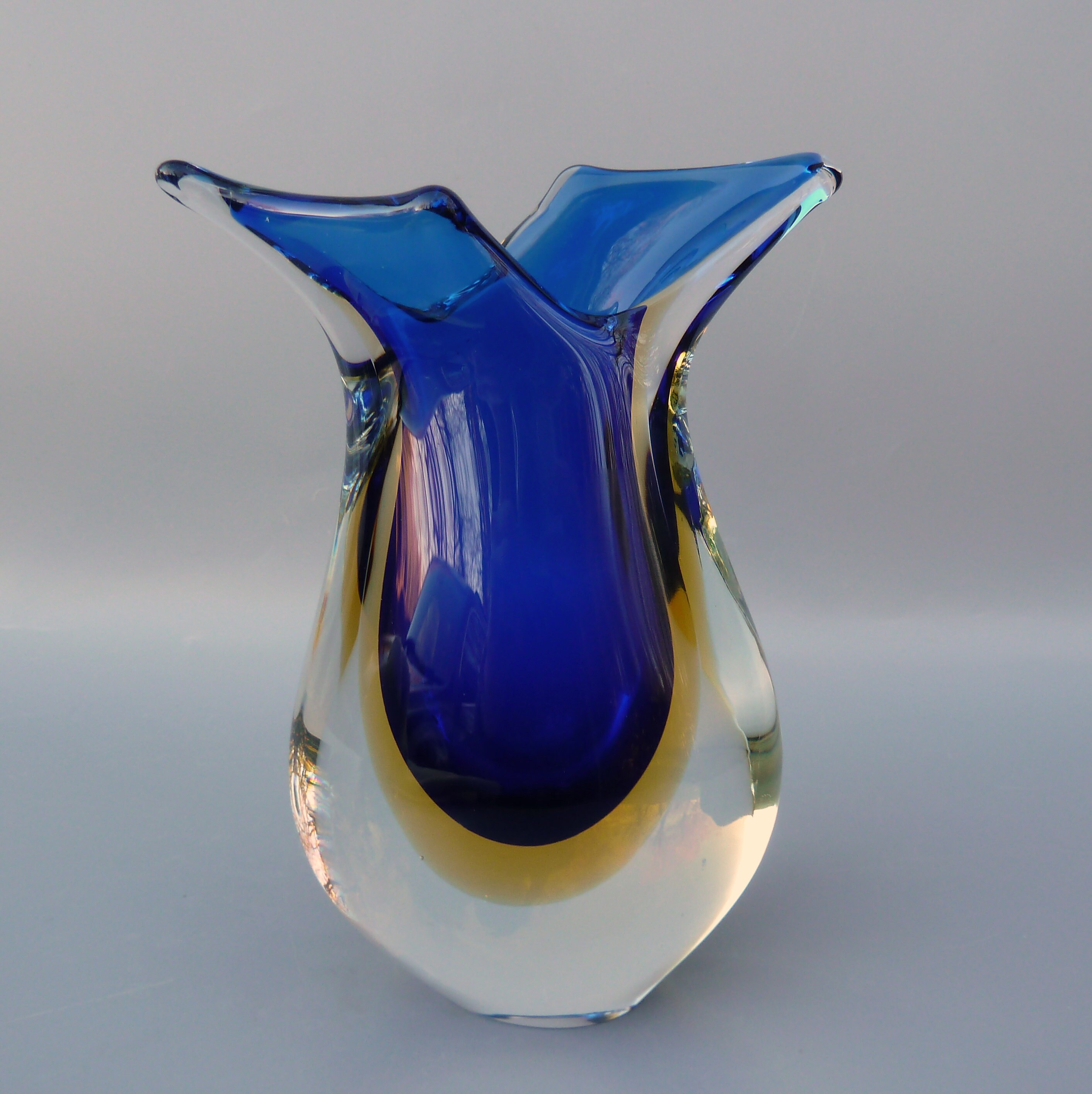 工芸品 Murano Glass Vase (Blue & Yellow) Murano Glass Cobalt Blue Amber Vase - Murano Glass - Murano