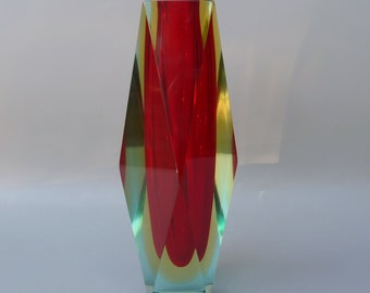 Alessandro Mandruzzato Faceted Vase, Murano Sommerso Glass Vase, Campanella & Co Glass, Red Mandruzzato Vase, Red And Yellow Sommerso Vase