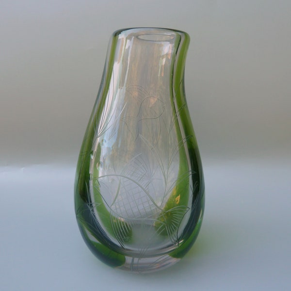 Edward Hald Style Etched Fish Vase, Hald Graal Vase, Sealife Etched Glass Vase,Czech Glass Vase, Miloslav Klinger Sklarny Zelezny Brod Glass