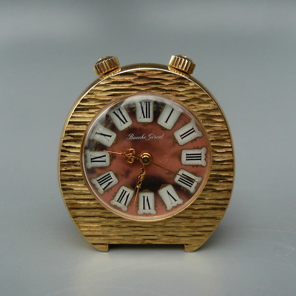 Bueche Girod Travel Alarm Clock, Bueche Girod Miniature Clock, Gold Bueche Girod Clock, Swiss Made Miniature Clock, Swiss Enamel Clock