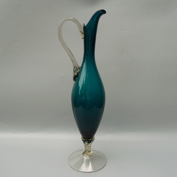 Midcentury Empoli Handled Vase, Empoli Glass Vase, Italian Glass Vase, Turquoise Empoli Glass, Empoli Glass Ewer, Tall Empoli Pitcher Vase