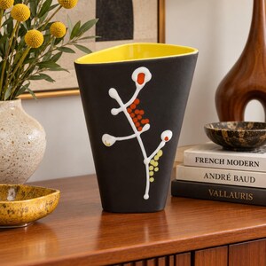 Andre Baud Vallauris Ceramic Vase, French Mid Century Modern Art Pottery,Black Yellow Geometric Botanical Vase,Vintage French Studio Pottery