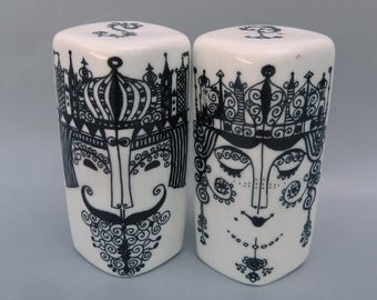Porsgrund Black And White Porcelain King And Queen Salt Pepper Shaker Set, Anne-Marie Odegaard Ceramic Monarch Shakers, Kaj Franck Style