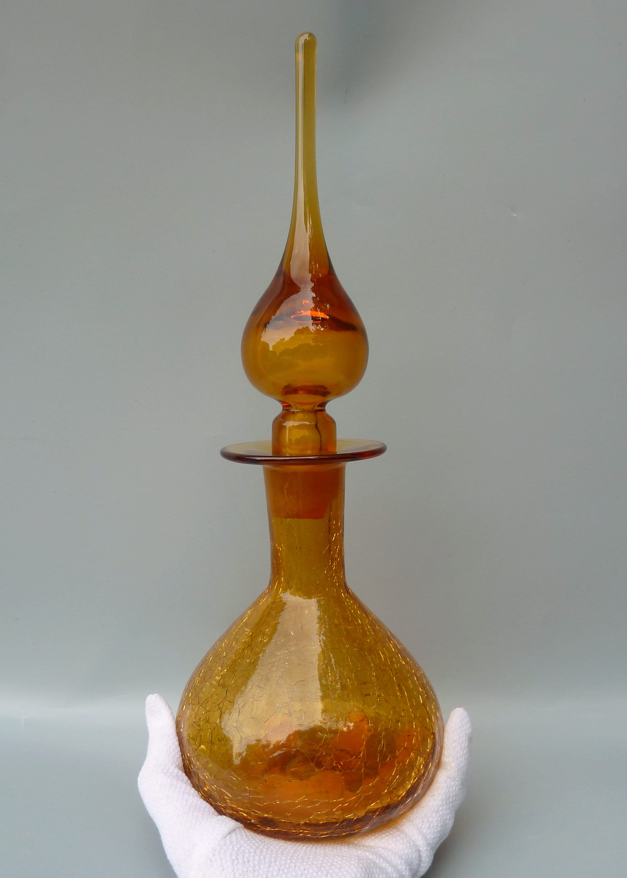 Vintage Midcentury Modern Rainbow Glass Amber Crackle Decanter