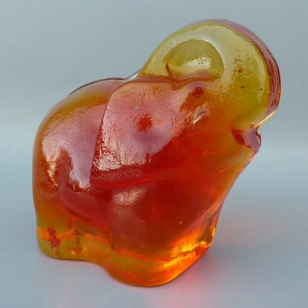 Blenko Glass Elephant Paperweight, Blenko Tangerine Elephant Sculpture, Blenko Amberina Art Glass Elephant Figurine, Blenko Animal Figurine