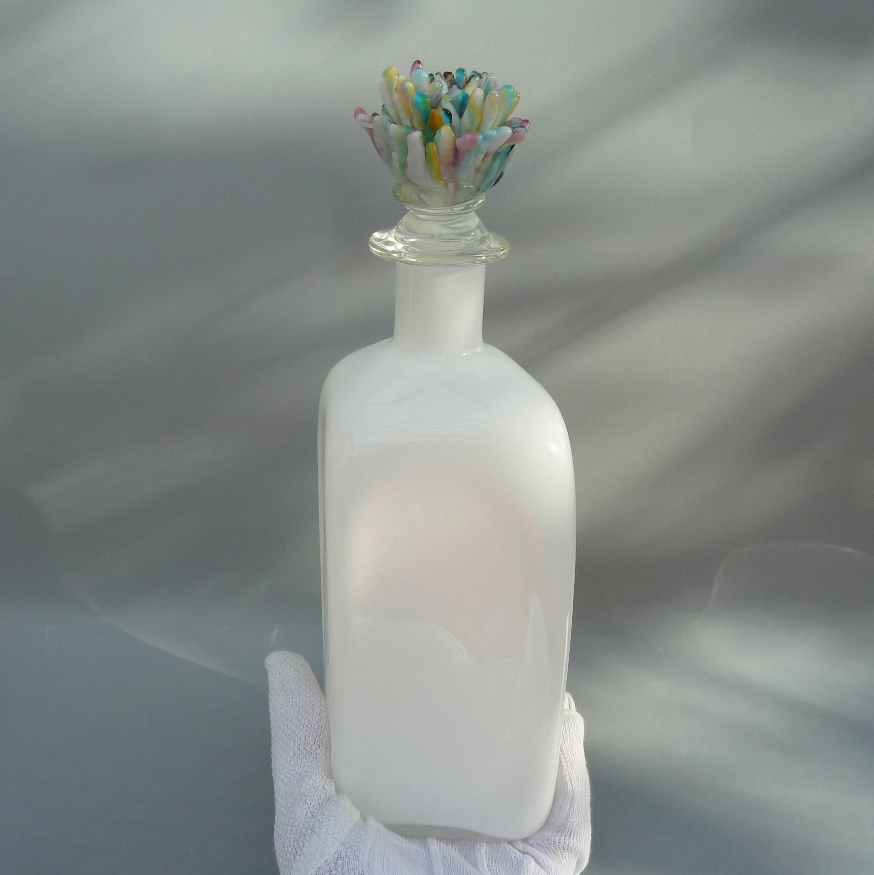 Carlo Moretti Murano Opalino Glass Bottle Decanter With Flower