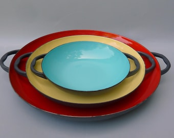 Colorful Set of 3 Vintage Caravelle Sizzling Servers Enamelware