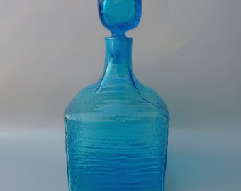 Blenko Glass Decanter 6224L, Blenko Turquoise Decanter, Wayne Husted Decanter, Blenko Strata Textured Block Decanter, Midcentury Decanter