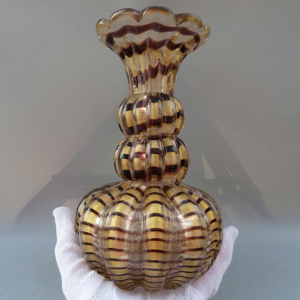 Ercole Barovier Aventurina Zebrati Vase,Barovier E Toso Murano Glass Purple & Gold Fleck Zebrato Vase,Midcentury Murano Cordonato D'Oro Vase