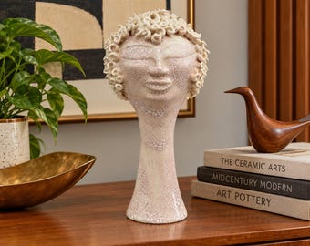 Escultura de cabeza de cerámica de Paul Bellardo, busto de cerámica de estudio estadounidense vintage, esmalte craquelado, escultura figurativa moderna de mediados de siglo, "TAL CUAL"