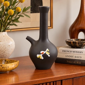 Andre Baud Vallauris Ceramic Bottle Vase, French Mid Century Modern Art Pottery,Black Geometric Botanical Vase,Vintage French Studio Pottery