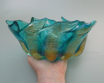 Vintage Ercole Barovier Frastagliati Turquoise and Gold Fleck Centerpiece Bowl,Midcentury Modern Italian Murano Glass Cordonato D'Oro Vessel