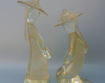 Murano Cinesi Sculptures Pair, Formia Murano Glass Chinese Figurines, Large Murano Asian Figurine Pair, Murano Gold Leaf Chinese Couple