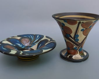 Kahler Ceramic Bowl & Vase, Herman Kahler Pottery, Herman A Kahler Art Nouveau Pottery, HAK Pottery, Danish Ceramic,HAK Denmark,Floral Decor