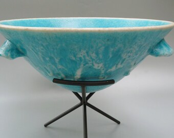 Guido Gambone Ceramic Centerpiece Bowl, Gambone Pottery Bowl Stand, Large Gambone Bowl Turquoise Volcanic Glaze, Midcentury Italian Ceramic