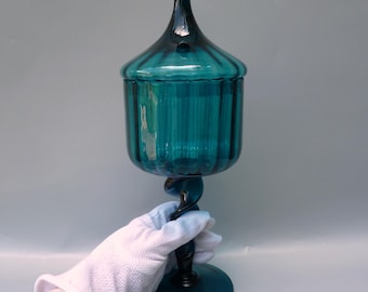 Italian Glass Covered Apothecary Jar, Empoli Art Glass Lidded Jar, Turquoise Circus Tent Candy Jar, Midcentury Empoli Optic Ribbed Glass Jar