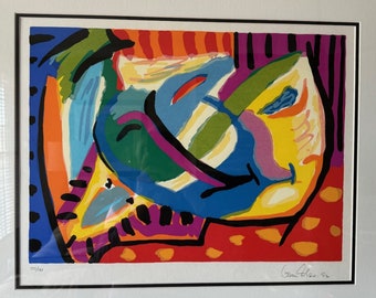 Gorm Eriksen Color Silkscreen Print, Gorm Eriksen Abstract Faces, 20th Century Modernist Print, Colorful Abstract Composition With Faces