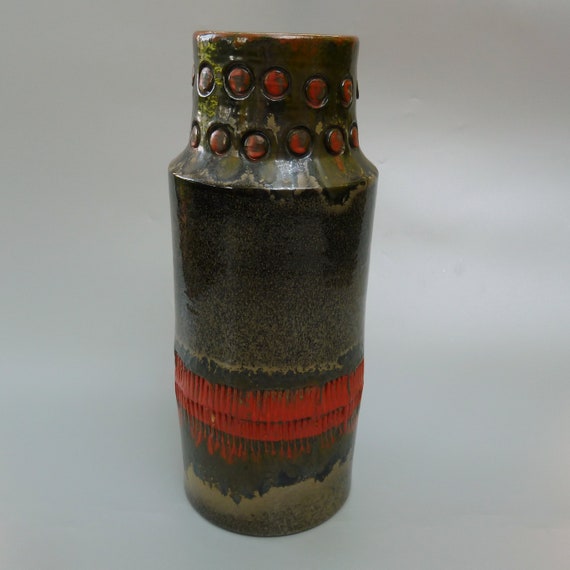Vintage Alvino Bagni Drip Glaze Ceramic Floor Vase, Midcentury Modern Raymor Italian Pottery Vase, MCM Incised Sgraffito Design