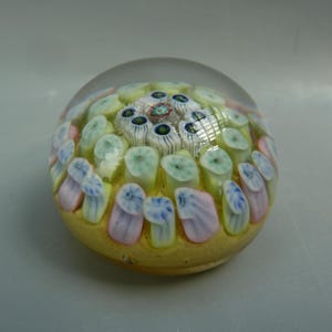 May include: A clear glass paperweight with a colorful floral design. The paperweight features a yellow base with blue, pink, and green accents. The top is a clear dome, and the design resembles a cluster of flowers.