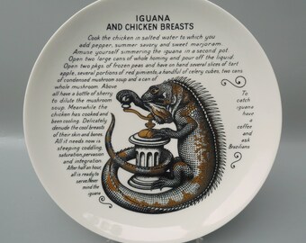 Piero Fornasetti Ceramic Plate, Fornasetti For Fleming JoffeLTD Animal Cook Plates, Iguana And Chicken Breasts, Midcentury Fornasetti Milano