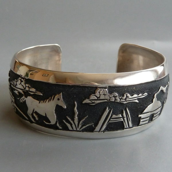 Navajo Silver Storyteller Bracelet, Storyteller Cuff Bracelet, Tommy Singer Silver Horse Bracelet, Native American Rosita Singer Bracelet