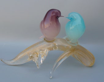 Murano Glass Lovebirds Sculpture, Murano Birds On Branch, Seguso Murano Figural Bird Sculpture, Arnaldo Zanella Alabastro Glass Lovebirds