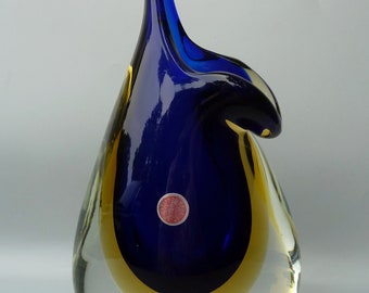 Vintage Formia Murano Glass Blue & Yellow Sommerso Vase With Label
