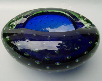 Murano Folded Glass Ashtray,Murano Controlled Bubble, Blue & Green Murano Sommerso Glass,Murano Bullicante Glass Bowl,Murano Biomorphic Bowl