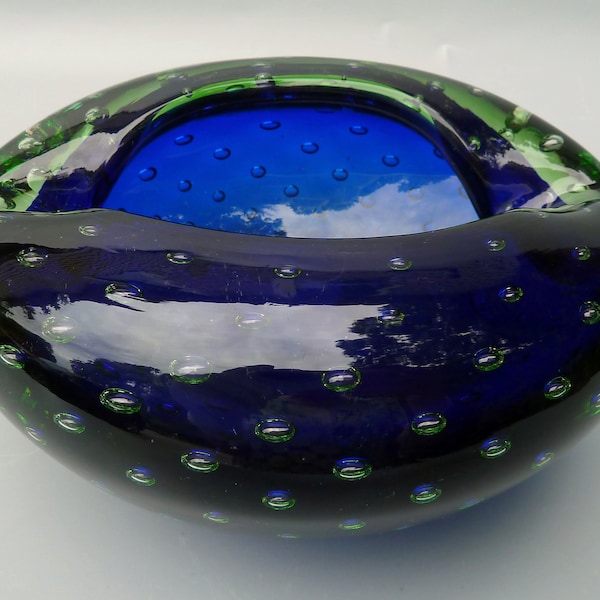 Murano Folded Glass Ashtray,Murano Controlled Bubble, Blue & Green Murano Sommerso Glass,Murano Bullicante Glass Bowl,Murano Biomorphic Bowl