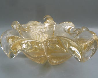 Vintage Murano Glass Cloverleaf Bowl, Italian Gold Flecked Ashtray, Midcentury Modern Decor, Venetian Glass Polveri Biomorphic Trinket Dish