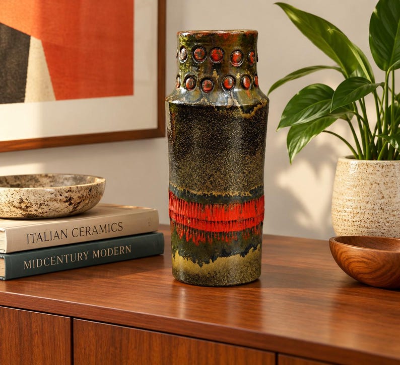 Vintage Alvino Bagni Drip Glaze Ceramic Floor Vase, Midcentury Modern Raymor Italian Pottery Vase, MCM Incised Sgraffito Design image 1